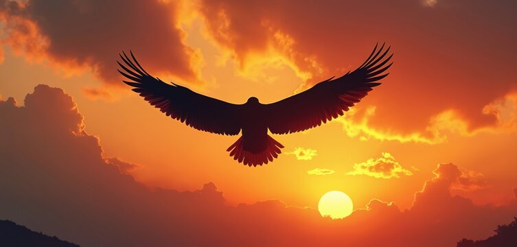 Eagle silhouette flies over the sun during sunset. Fiery clouds paint the sky orange and yellow. Bird of prey soars freely in the atmosphere. Majestic wings span wide.
