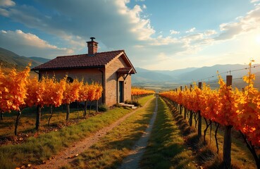 Naklejka premium Golden autumn vineyard rows lead to small brick house. Orange vine leaves glow under warm sun, rolling hills in background. Peaceful rural landscape offers quiet escape.