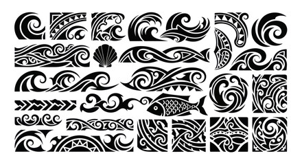 Polynesian Tribal Tattoo Designs with Ocean Waves and Marine Life. © art.Co