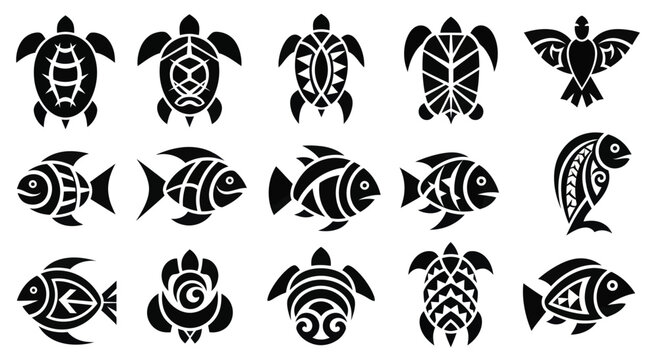 Polynesian Tribal Tattoo Designs of Sea Turtles and Fish.