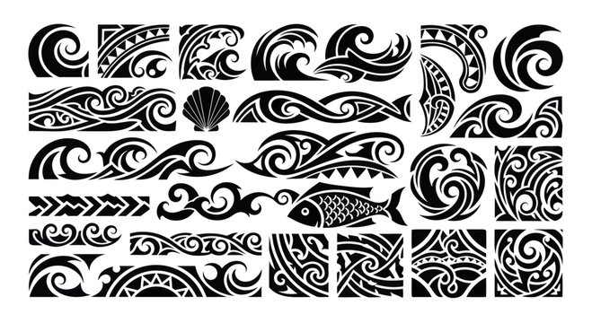 Polynesian Tribal Tattoo Designs with Ocean Waves and Marine Life.