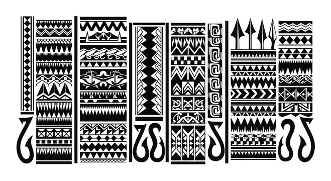 Polynesian Tribal Tattoo Designs Set with Traditional Patterns.