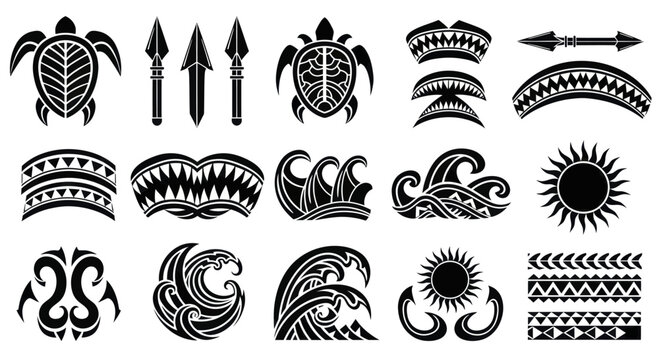 Polynesian Tribal Tattoo Designs with Turtles, Waves, Sun, and Spears.