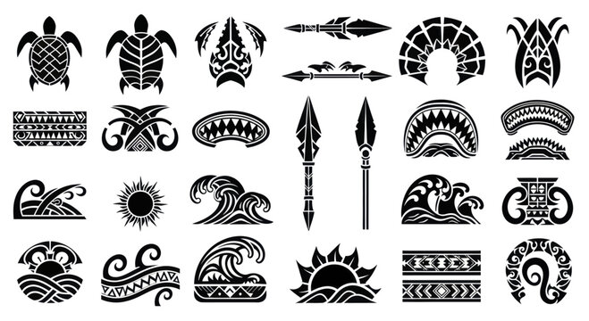 Polynesian Tribal Tattoo Designs with Turtles, Waves, and Spears.