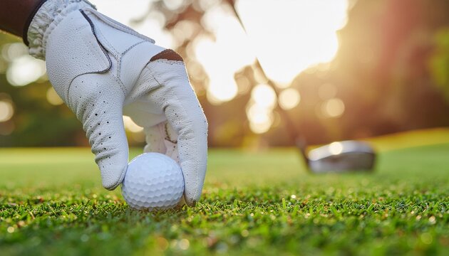Golfers Hand Placing Ball on Tee During Golden Hour Sunset.