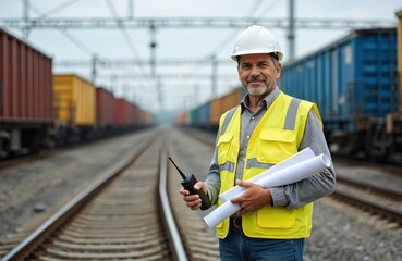 Obraz premium Man engineer in hard hat and safety vest on railway. He holds radio and blueprints near train cars. Industrial transportation site, railway maintenance.