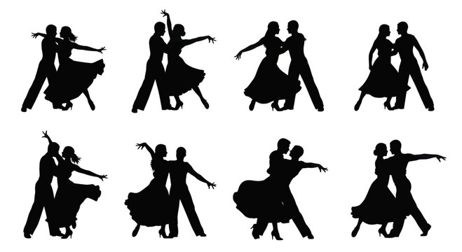Silhouettes of elegant couples dancing various ballroom and Latin dances.