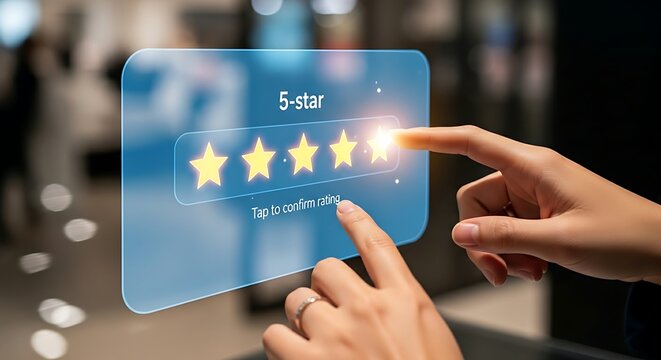 Online shopping experience and review. A customer's hands interact with a '5-star' rating on a holographic interface, tapping the fifth star to confirm a positive review.