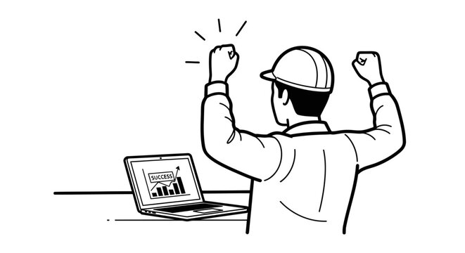 Man wearing hard hat celebrating success.