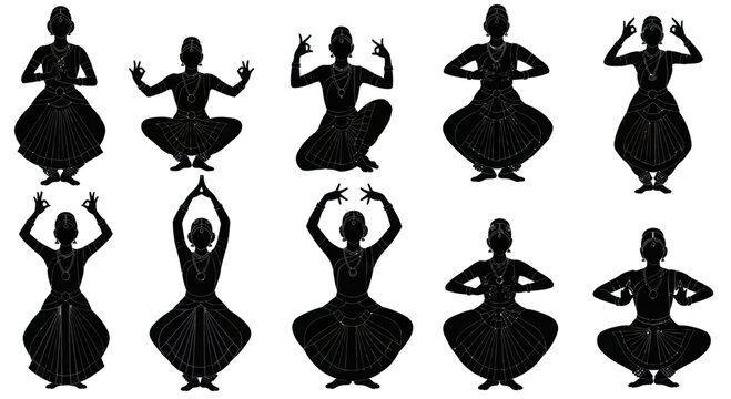 Silhouettes of Indian classical dancers performing various traditional poses.