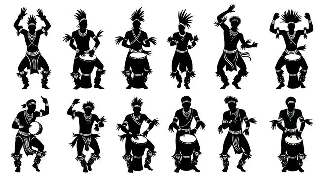 Silhouettes of African tribal dancers and drummers performing traditional rituals.