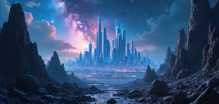 Futuristic city skyline glows on alien planet. Tall buildings rise from rocky terrain under vast galaxy. Sci-fi cityscape viewed from desolate mountains.