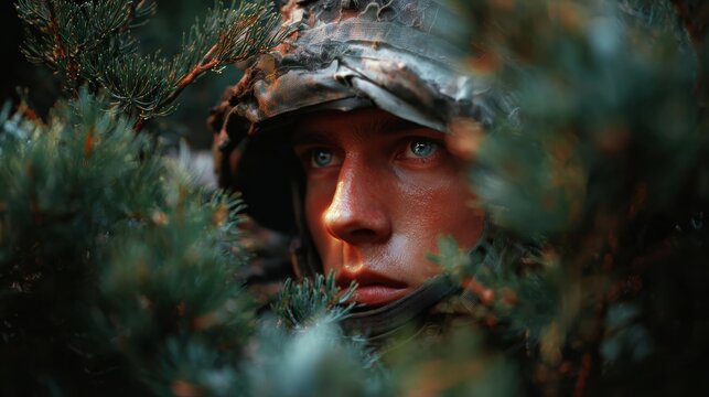 Warrior's Vigil: A determined soldier, hidden within the natural camouflage of a forest, intently focuses on the task ahead, his gaze revealing resolve and courage.