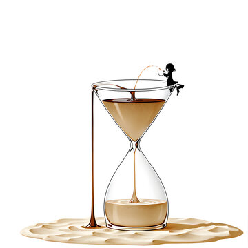 コーヒーアワーグラス 女の子シルエット イラスト、Coffee Hourglass with Girl Silhouette Illustration、時間とコーヒーのシュールアート、Surreal Coffee Hourglass Art、かわいいコーヒータイム ファンタジー、Cute Surreal Coffee Time Fantasy Illustration

