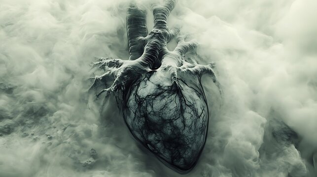 Surreal Anatomical Heart Emerging from Ethereal Clouds.