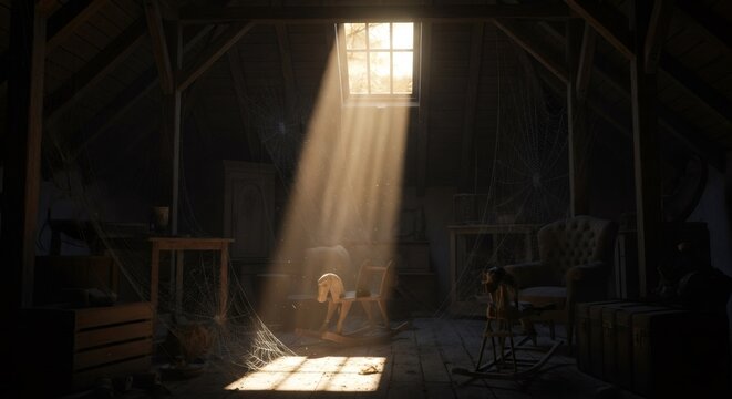 Old dusty attic with sunlight streaming through window, wooden rocking horse. Scary, horror, nightmare concept for Halloween.