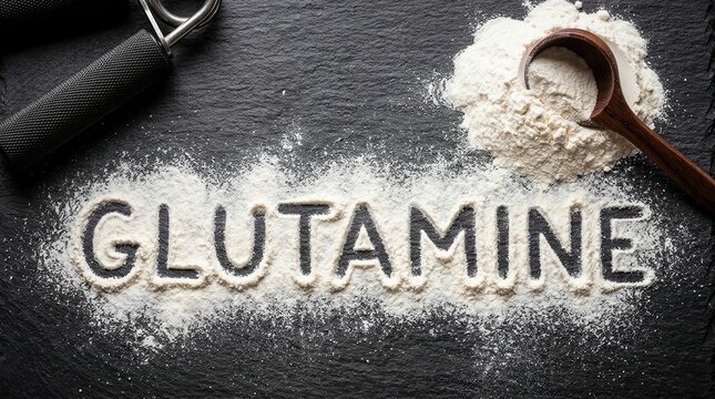 glutamine, supplement, powder, fitness, nutrition, bodybuilding, workout, white amino acid powder written on dark slate with scoop and hand gripper for gym performance and recovery.