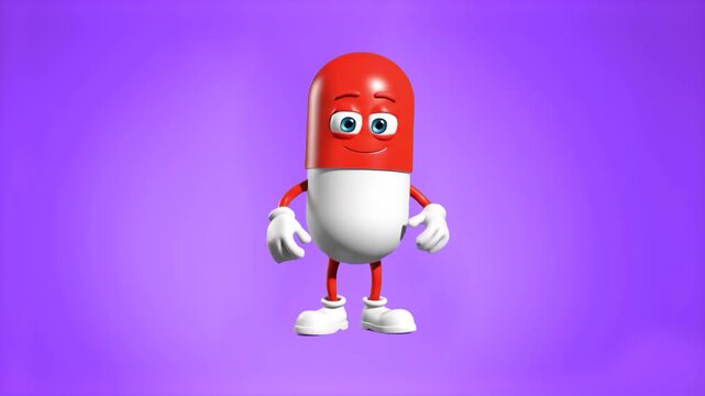 A friendly 3D animated red and white medical pill capsule character with a smiling face, arms, and legs stands peacefully against a solid purple background. This high-quality pharmaceutical mascot ass