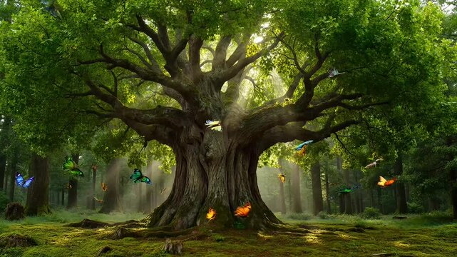 Mystical tree with glowing fairies in forest