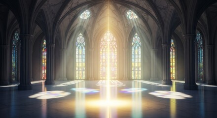 Obraz premium A majestic fantasy hall with high vaulted ceilings and stained glass windows casting vivid rainbow prisms across the polished marble floor, luxury, stained, hall