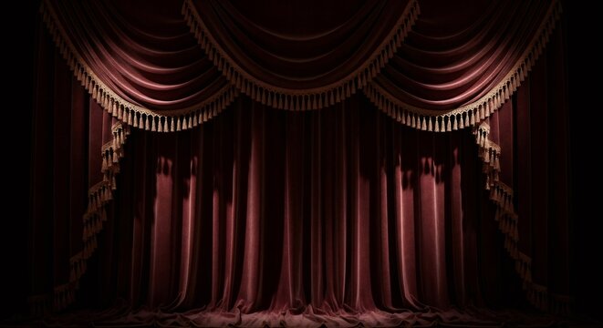 Vintage red velvet stage curtain with golden tassel. Old opera or theatre backdrop. Horror, scary monster, and nightmare concept.
