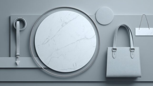 Elegant Minimalist Composition of Accessories and Shapes in Soft Gray Tones with Marble Textures