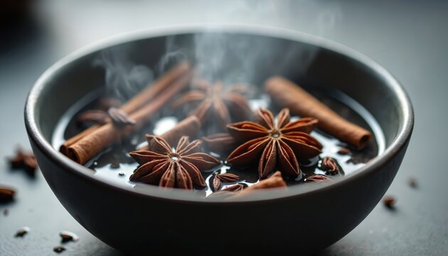 Star anise, cinnamon sticks, and cloves simmer in dark liquid, releasing aromatic steam. Close-up on fragrant spices in a bowl, used for cooking flavorful broths and warming drinks.