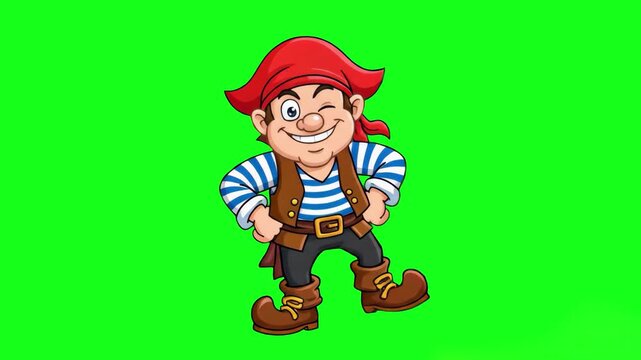 A friendly cartoon pirate in a red hat and striped shirt performing a joyful dance. Isolated on a chroma key green screen for easy integration into adventure-themed videos or children's stories.