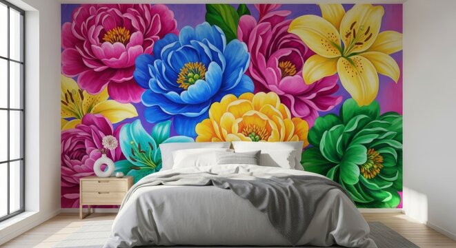 A modern bedroom features a vibrant hand-painted floral mural across the headboard wall, complemented by soft linens and natural light, creative, botanical, pillows