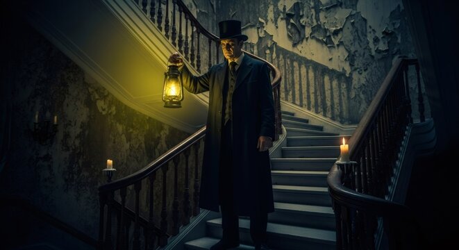 Man detective with lantern in old mansion staircase. Victorian era horror and mystery concept. Gothic haunted house scene with vintage style.