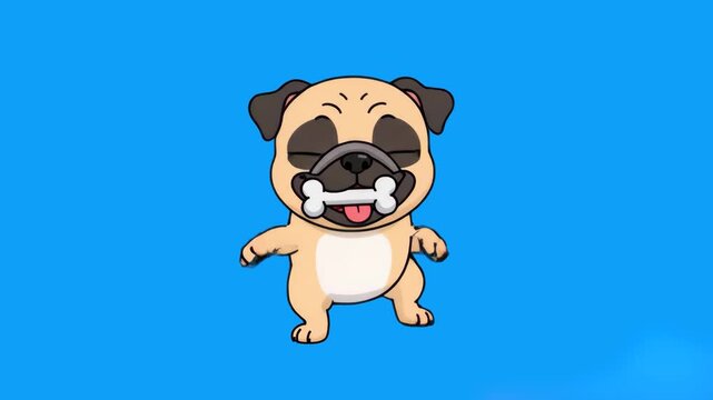 A happy, animated cartoon pug holding a bone in its mouth and dancing cheerfully against a solid blue backdrop. Perfect for lighthearted social media content or pet-themed marketing.