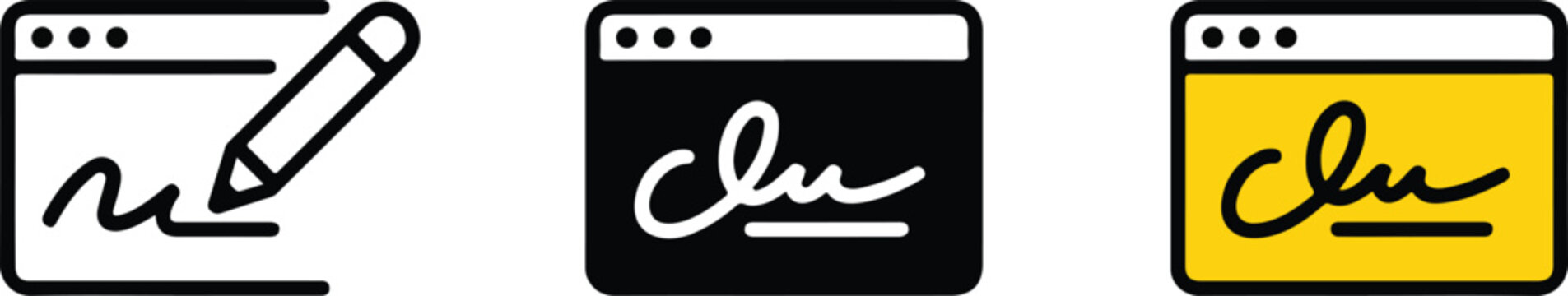 Set of digital signature icons featuring a web browser window and pencil representing electronic contract signing and online document authentication for business.