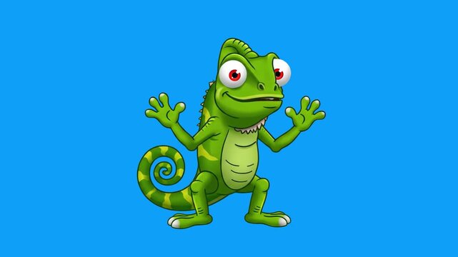 A playful 2D character animation of a funny green cartoon chameleon with big red eyes dancing joyfully against a solid blue backdrop. Excellent for children's video game sprites, animated educational 