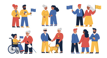 Naklejka premium Diverse people celebrate Europe Day, illustrated with cartoon figures holding EU flags and greeting each other, depicted in a clean, flat style against a white background, conveying a sense