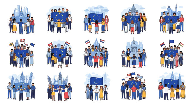 Diverse people celebrating Europe Day are depicted in a vector illustration, holding the EU flag against various European landmarks, with a clean, flat design and a palette of blues, reds