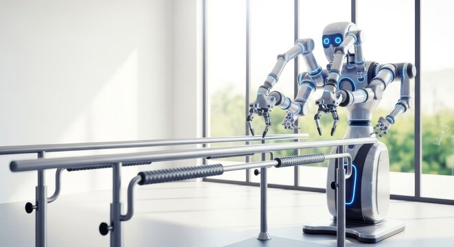 A sophisticated medical robot stands beside parallel bars in a bright rehabilitation center, designed to support mobility and walking drills, scientific, motion, engineering