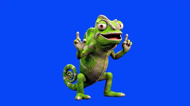 A lively 3D animation of a funny green chameleon lizard character dancing happily with its fingers pointing up against a solid blue screen background. Perfect for children's entertainment, animated mu
