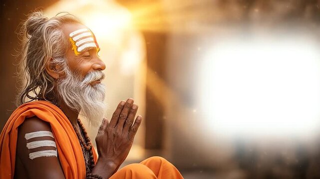 Indian Sadhu Praying with Ethereal Light Rays in Spiritual Meditation