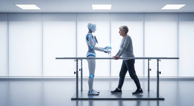 Advanced AI robot guides gait exercises along chrome parallel bars in a bright modern rehabilitation clinic with professional lighting, sterile, gait training, training