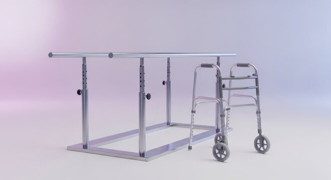 Bright physical therapy room featuring metal parallel bars and a metallic walker on a clean clinic floor, symbolizing health and recovery, hallway, parallel, apparatus