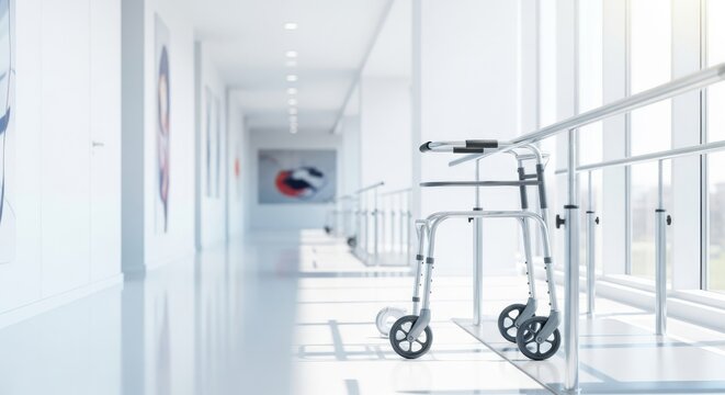 A wide composition of a bright modern clinic corridor featuring a metallic walker and parallel bars on a polished floor with natural light, gear, interior, bright