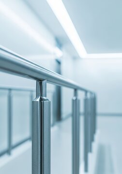 Close-up of metal parallel bars in a bright clinic hallway, focusing on the silver finish and supportive structure for mobility exercises, metal, clean, guide