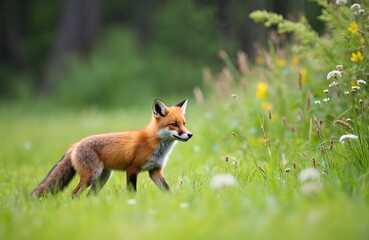 Fototapeta premium Young red fox walks through green grassy meadow full of wildflowers. Small canid with bushy tail explores forest edge in spring. Wild mammal, vulpine, cute creature, natural habitat scene.