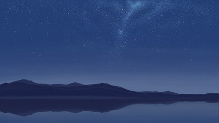 Fototapeta premium Hand-drawn starry night sky with mountain reflection in the lake / 手描き 満天の星空と湖に映る山の反射 背景イラスト