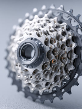 Detailed view of a shiny multi-speed bicycle gear cassette showcasing metal sprockets and intricate mechanical design for smooth cycling performance