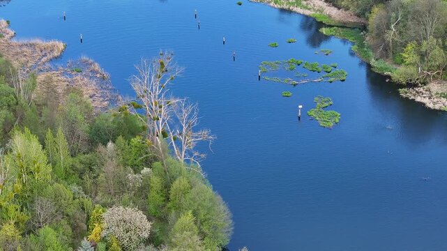 Aerial Bydgoszcz Poland old house Brda river pull. Northern Poland. River Brda inland waterway, tributary Vistula. Kayak course, race, competition and recreation. Boating athlete and exercise.