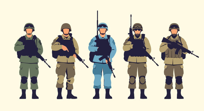 Modern Soldiers Standing with Rifles, Tactical Gear, Military Uniforms