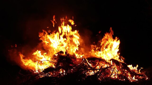 Bright bonfire with burning branches against black background
