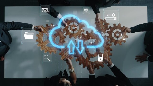 Diverse business team engages in collaborative cloud technology discussion over gears and digital icons, emphasizing teamwork and effective data management in a modern office. Raster