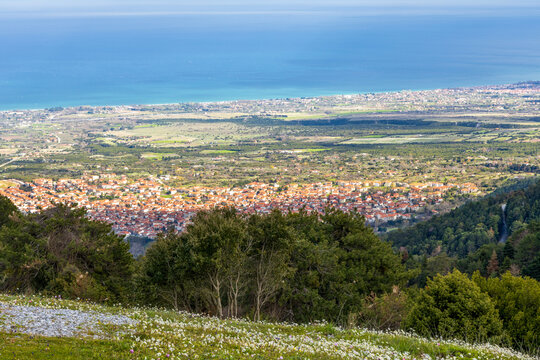 Aerial view of the town of Litochoro, Greece, nestled at the base of Mount Olympus 